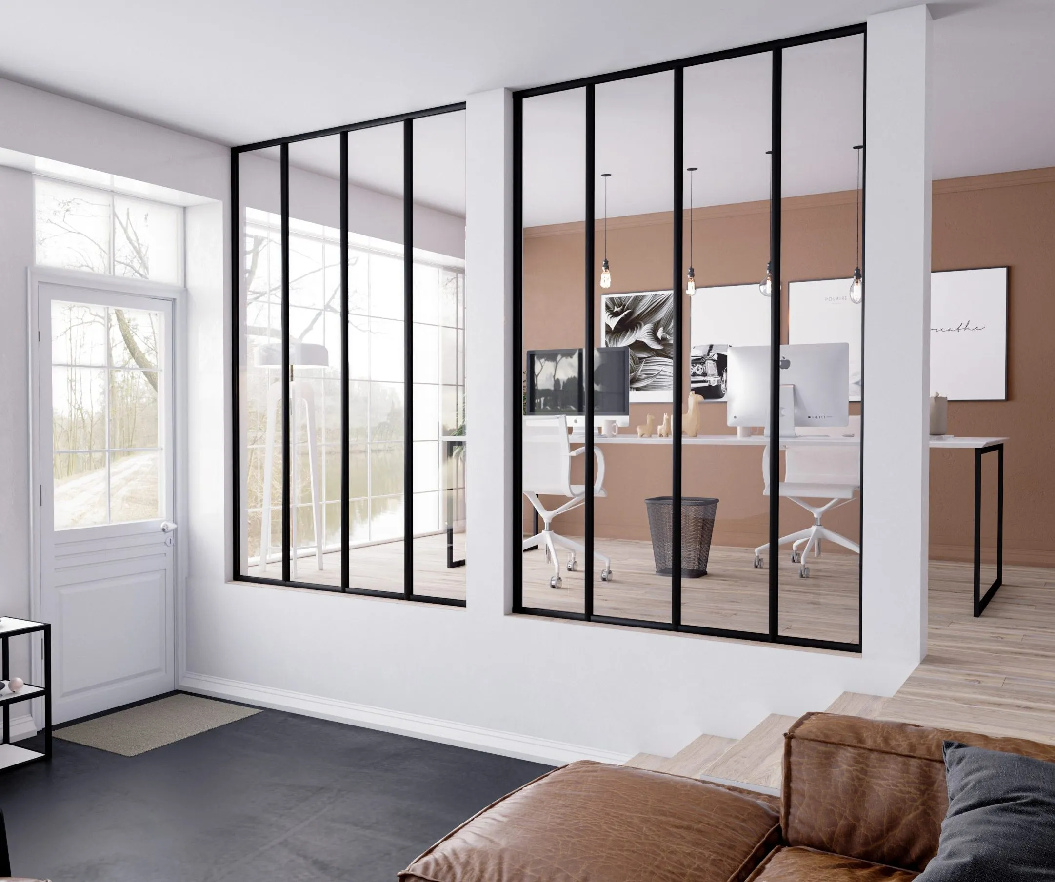 Verrière fixe noire sur mesure séparant un bureau du salon tout en conservant la lumière naturelle.