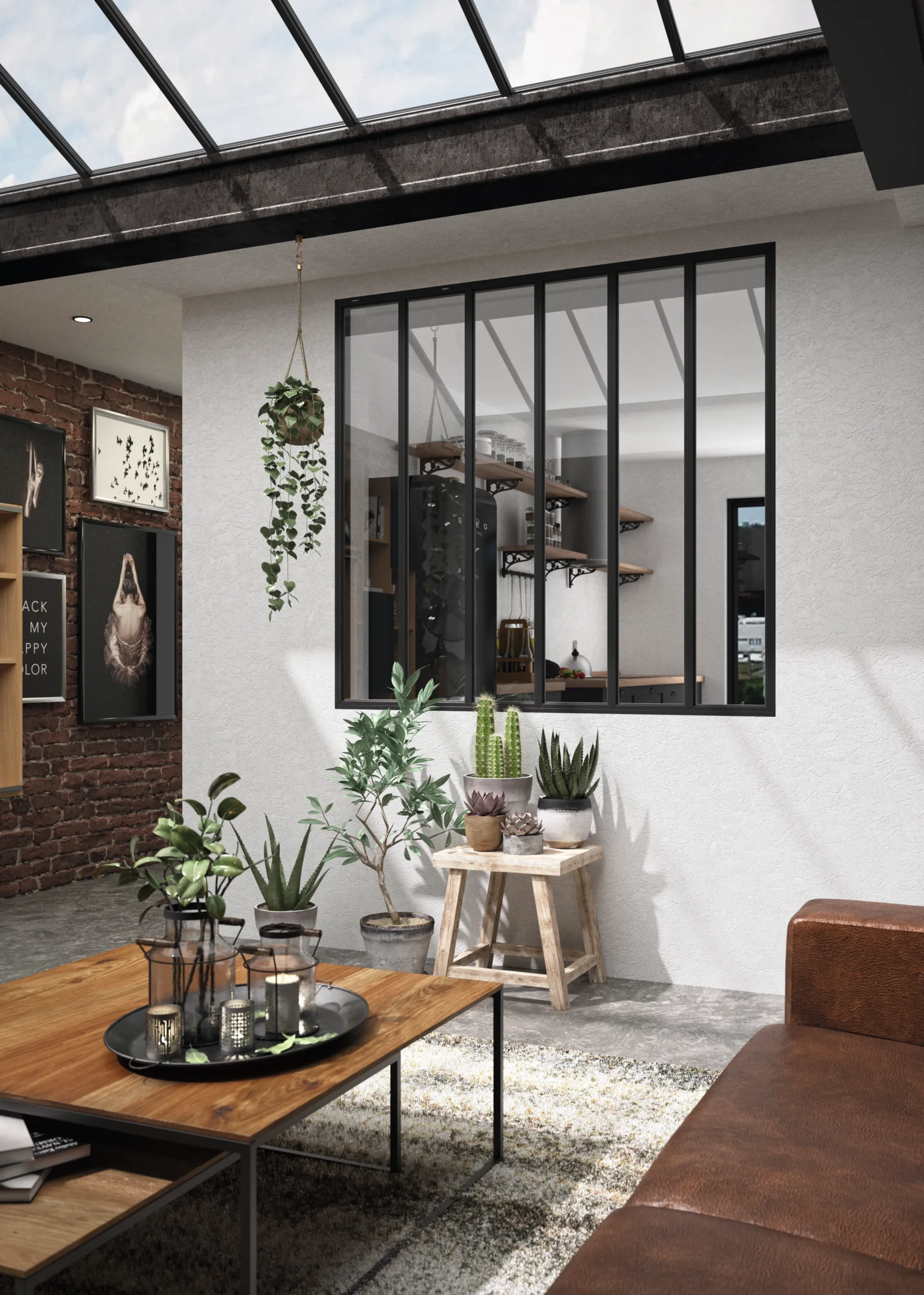 Verrière intérieure sur mesure avec structure noire, séparant le salon de la cuisine dans un intérieur style atelier avec plantes.